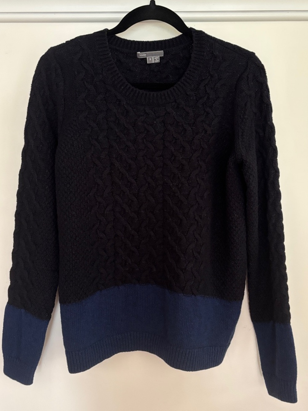 Vince Black Blue Yak Wool Colorblock Cable Knit Crewneck Sweater Sz S